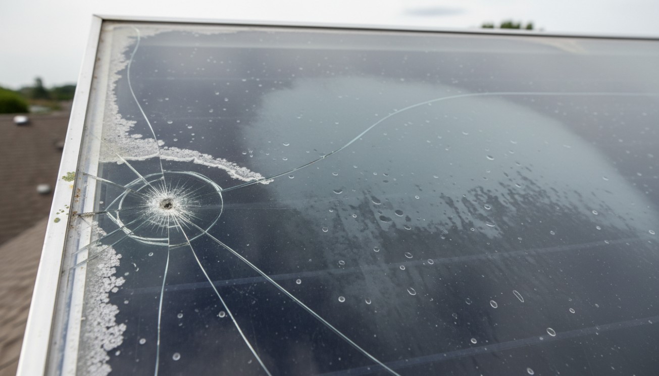Damaged flat plate solar collector glass with cracks, impact marks, water droplets, and surface deposits requiring inspection and repair evaluation